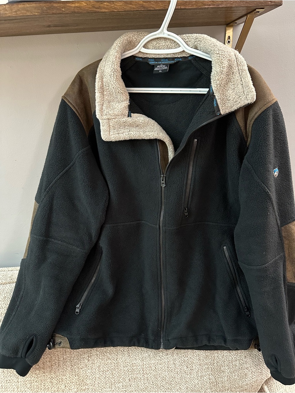 Kuhl Men’s Black Fleece Jacket with Cream Sherpa Collar and Leather Elbow Panels